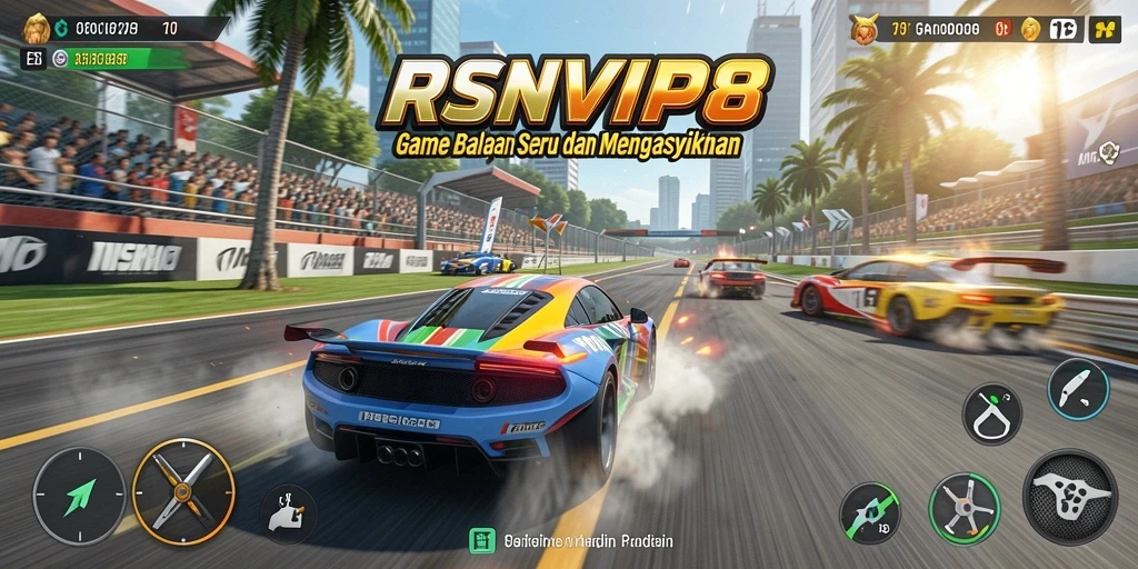 Screenshot gameplay RSNVIP8 menunjukkan aksi balapan yang mendebarkan.
